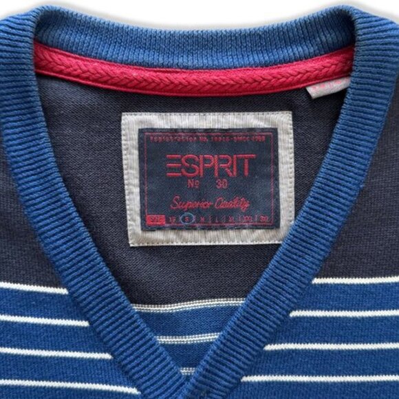 Vintage 90s Esprit Striped Henley Sweater Blue & White – Preppy Y2K Retro - Picture 3 of 7